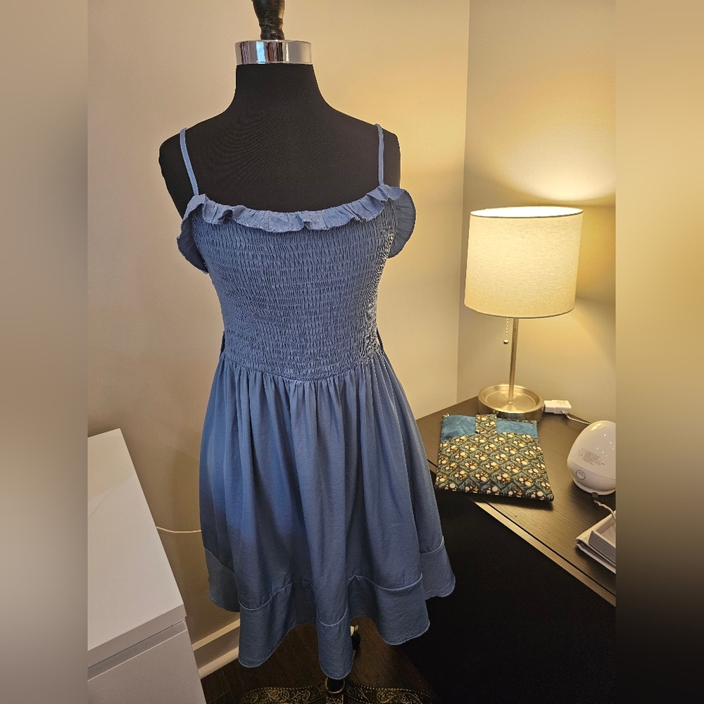 SHEIN Womens Pewter Blue Smocked Ruffle Mini Dress, M